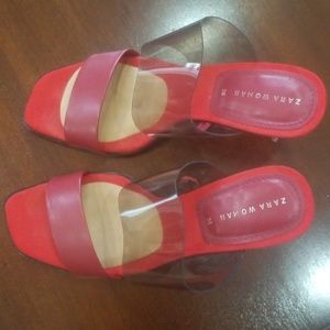 Zara pink and red heels with clear nude strap